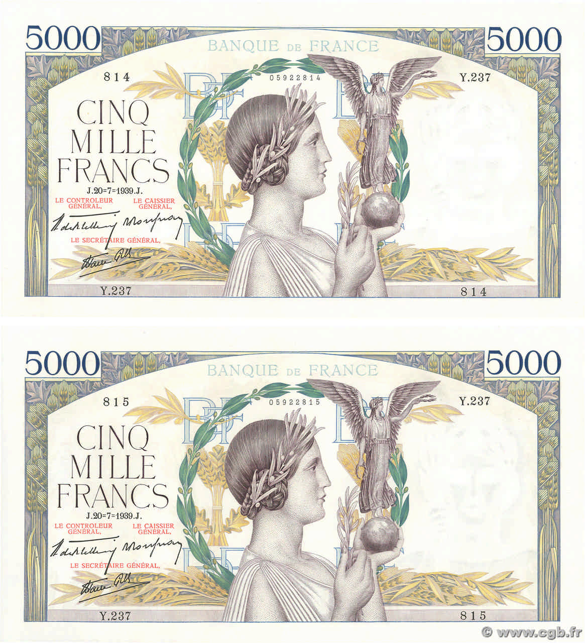 5000 Francs VICTOIRE Impression à plat Consécutifs FRANCE  1939 F.46.08 AU