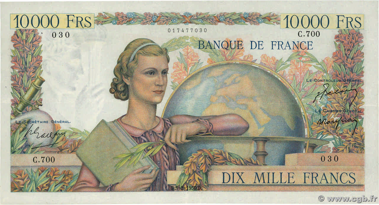 10000 Francs GÉNIE FRANÇAIS FRANCE  1950 F.50.30 VF-