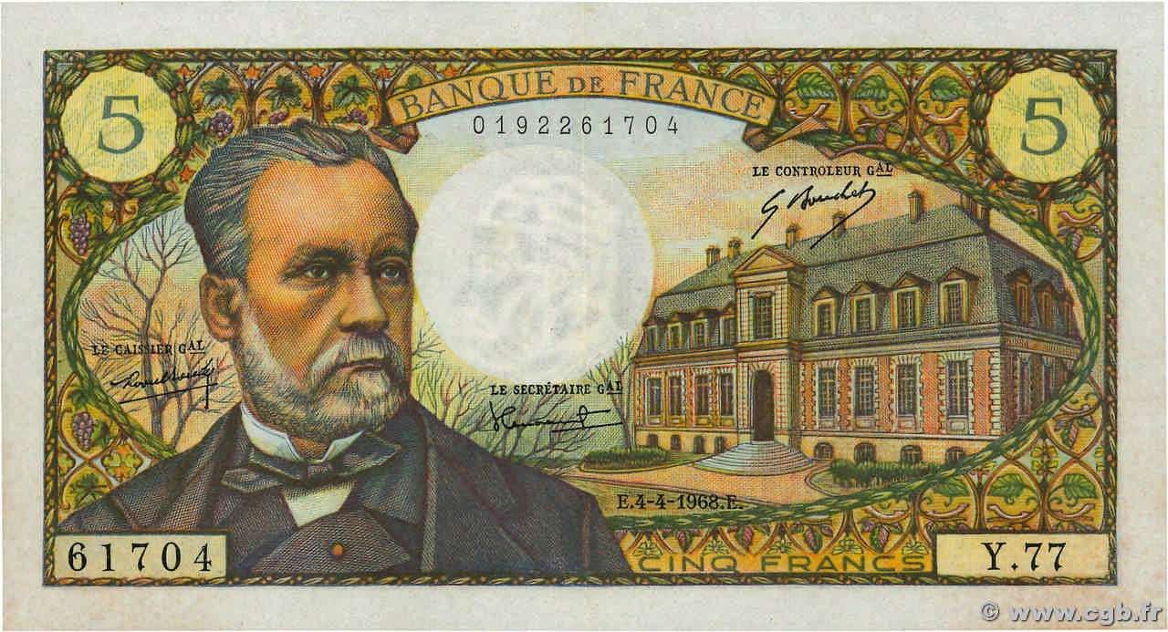 5 Francs PASTEUR FRANCIA  1968 F.61.07 EBC