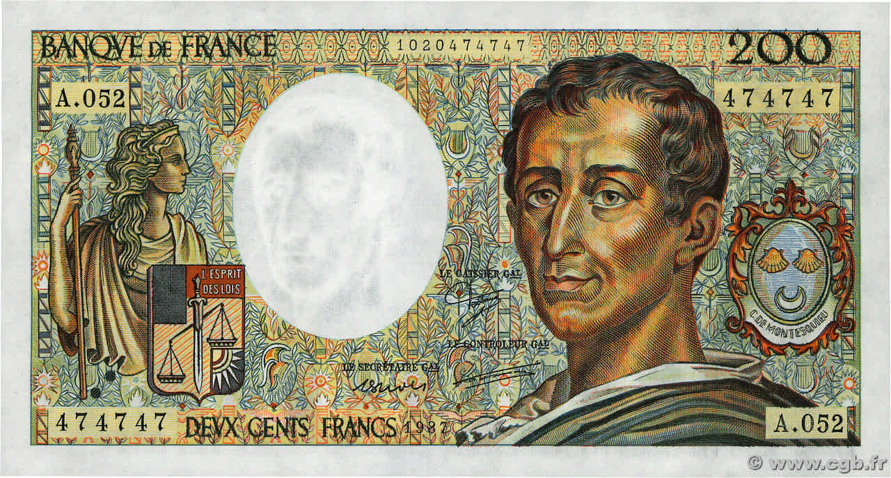 200 Francs MONTESQUIEU Numéro spécial FRANKREICH  1987 F.70.07 fST+