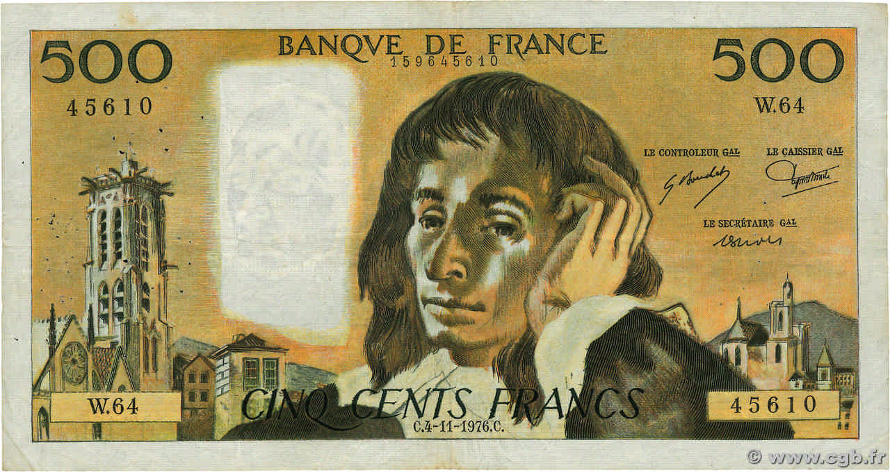 500 Francs PASCAL FRANCE  1976 F.71.15a F