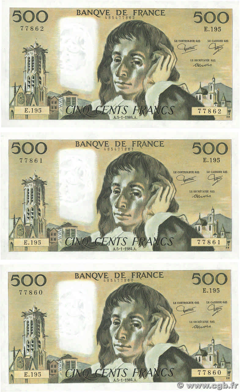 500 Francs PASCAL Consécutifs FRANCIA  1984 F.71.30 SC+