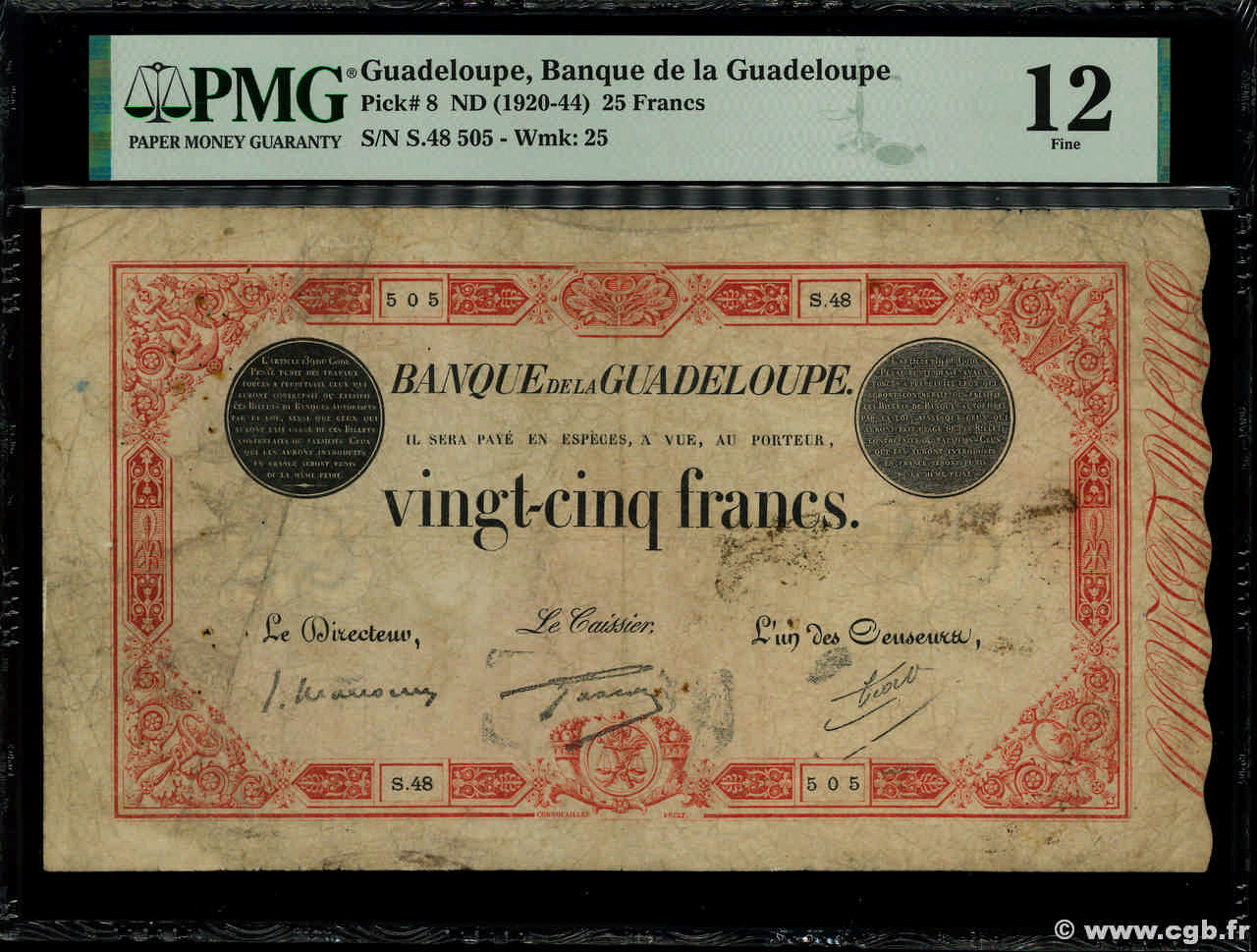 25 Francs rouge GUADELOUPE  1930 P.08 VG