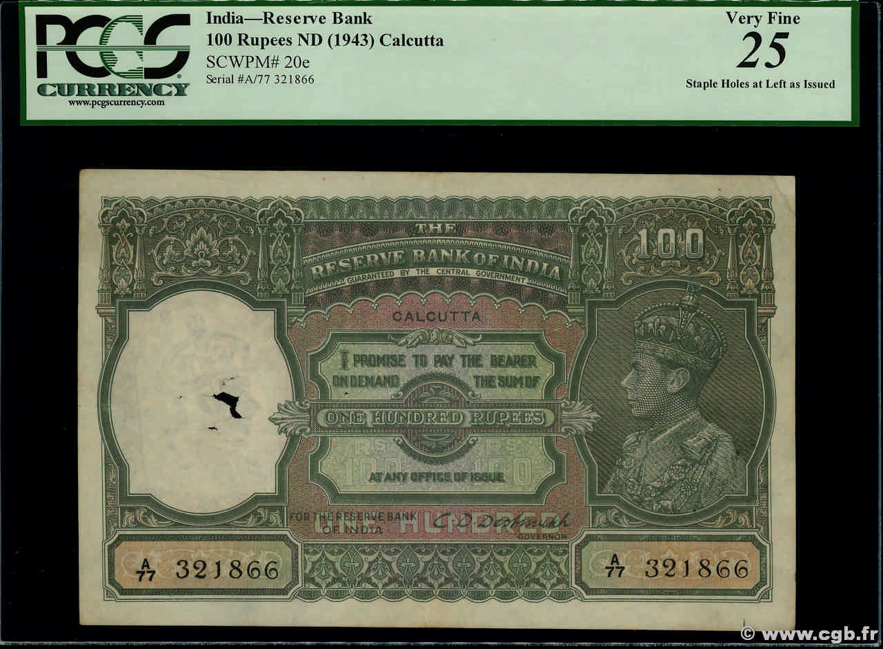 100 Rupees INDIA
 Calcutta 1943 P.020e BB