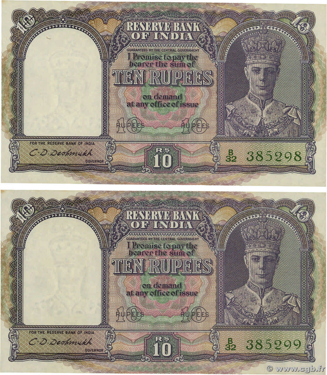 10 Rupees Consécutifs INDIA
  1943 P.024 SC