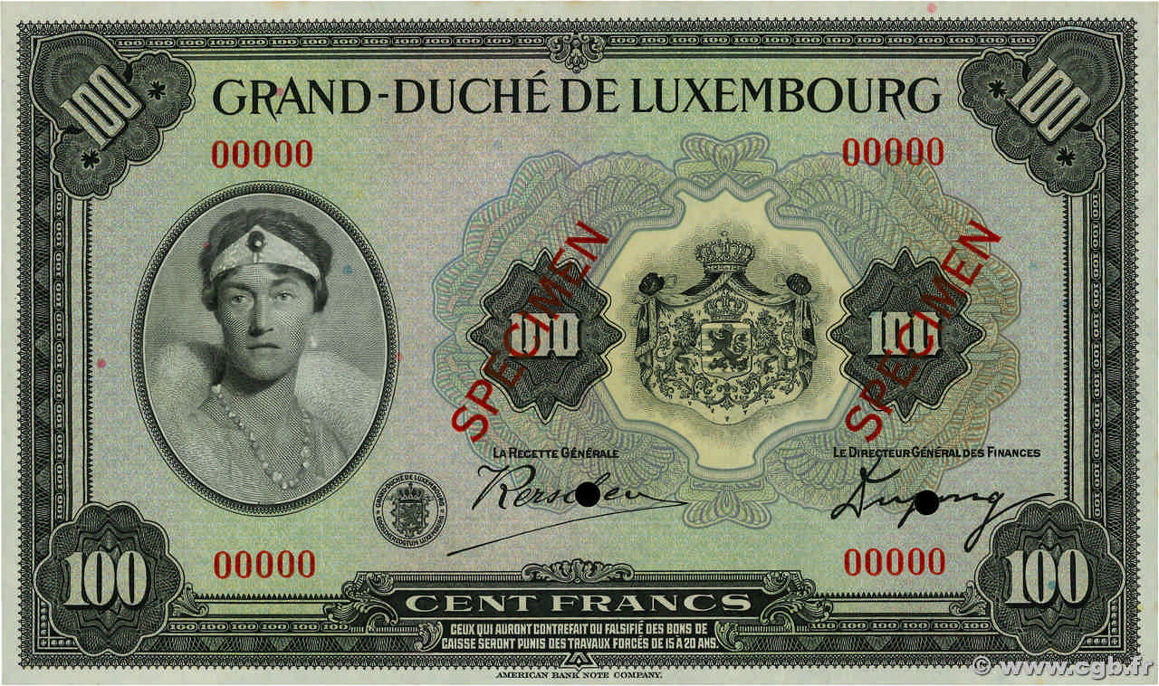 100 Francs Spécimen LUXEMBOURG  1934 P.39s UNC-
