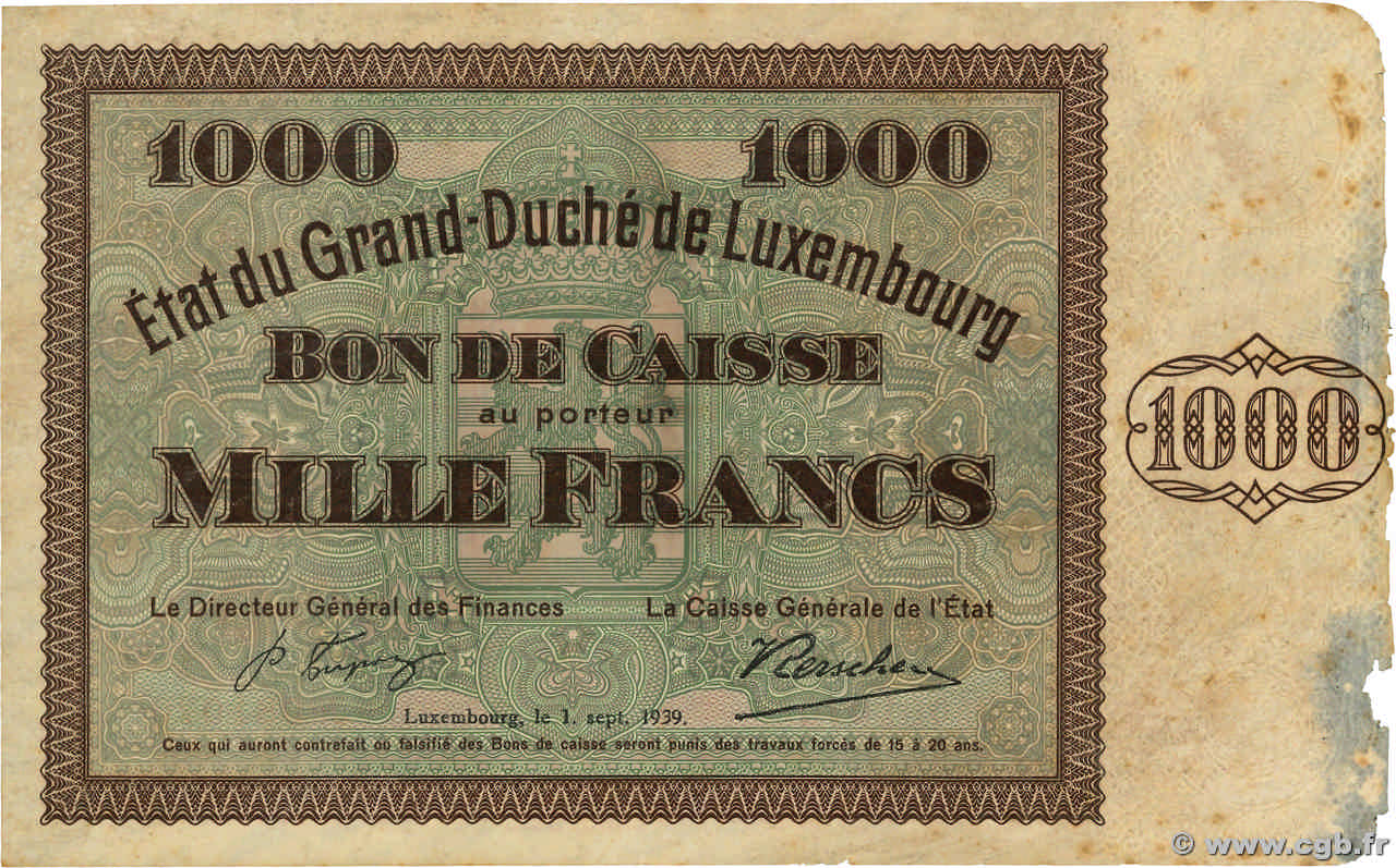 1000 Francs LUXEMBURG  1939 P.40a SS