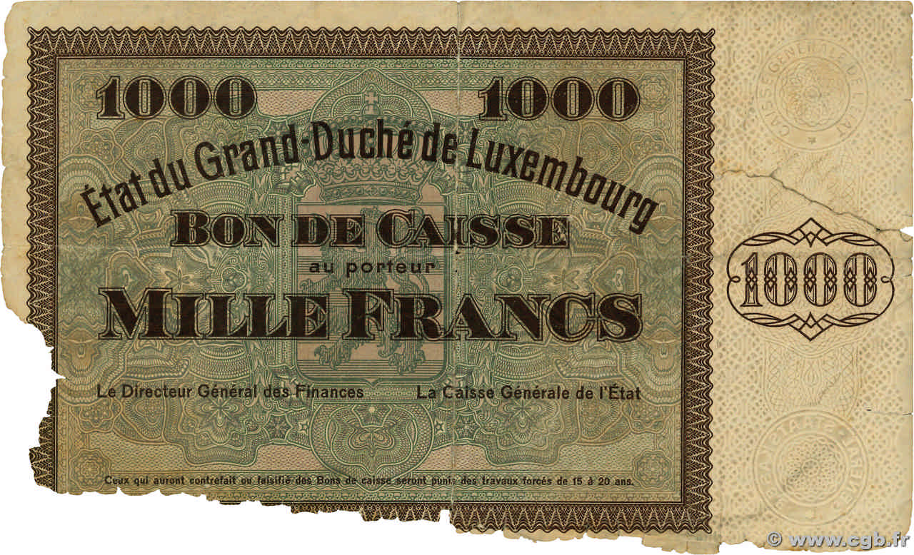 1000 Francs Non émis LUSSEMBURGO  1939 P.40r q.B