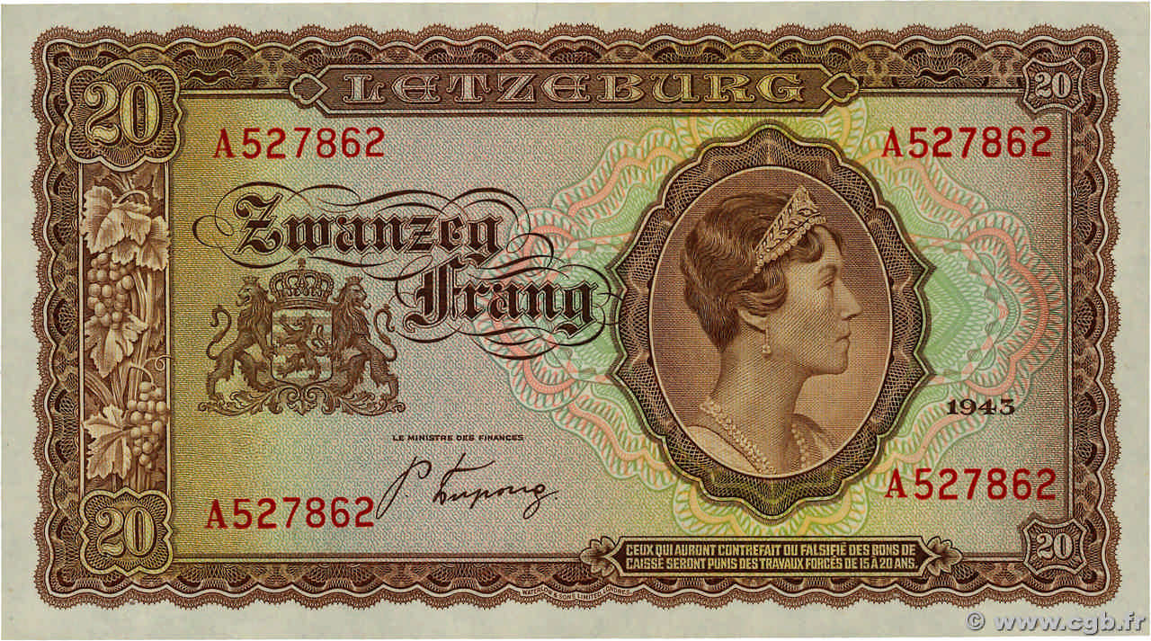 20 Frang LUXEMBOURG  1943 P.42a UNC