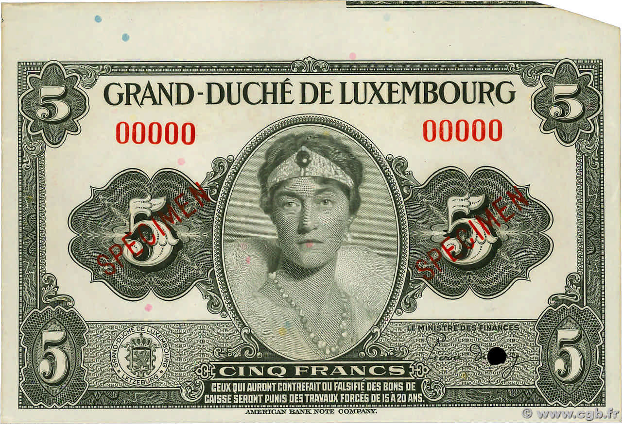 5 Francs Épreuve LUSSEMBURGO  1944 P.43e q.FDC