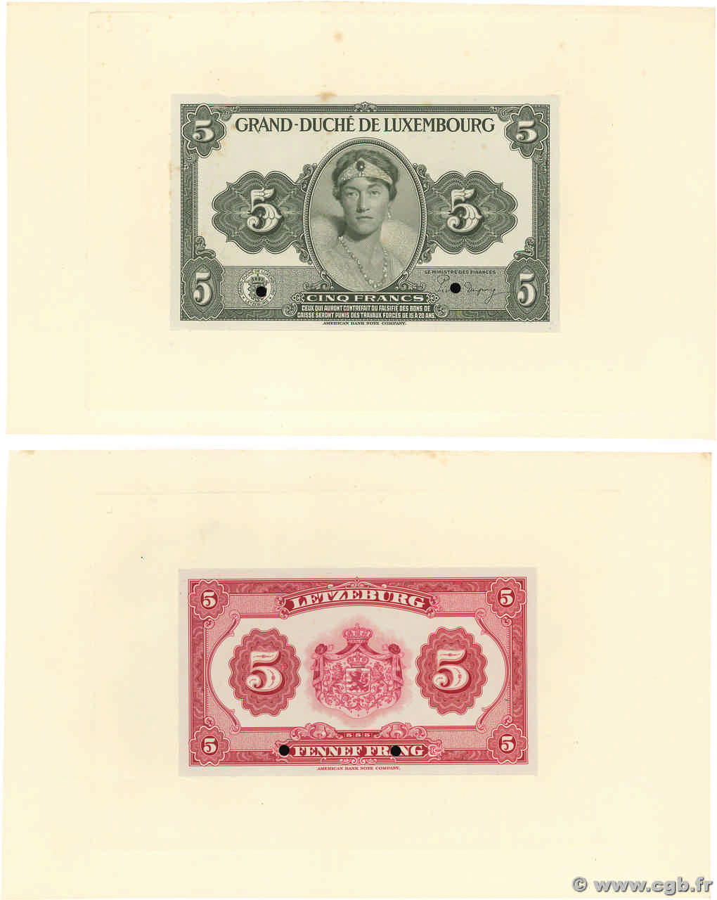 5 Francs Épreuve LUXEMBURG  1944 P.43e ST