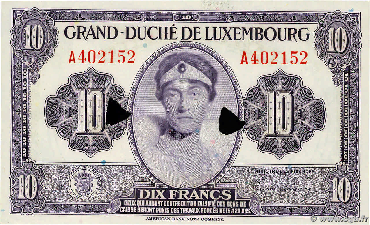 10 Francs Annulé LUXEMBOURG  1944 P.44a UNC-