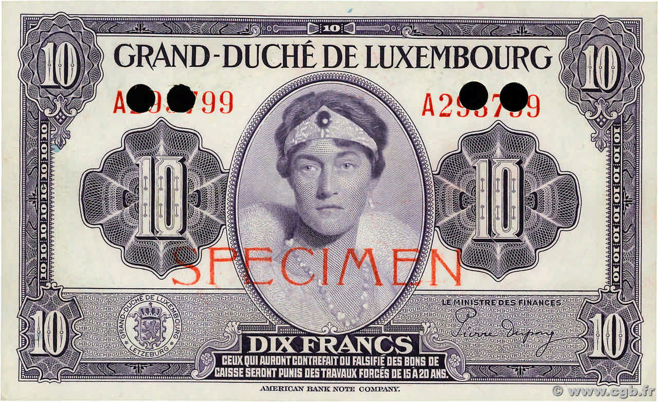 10 Francs Spécimen LUSSEMBURGO  1944 P.44s FDC