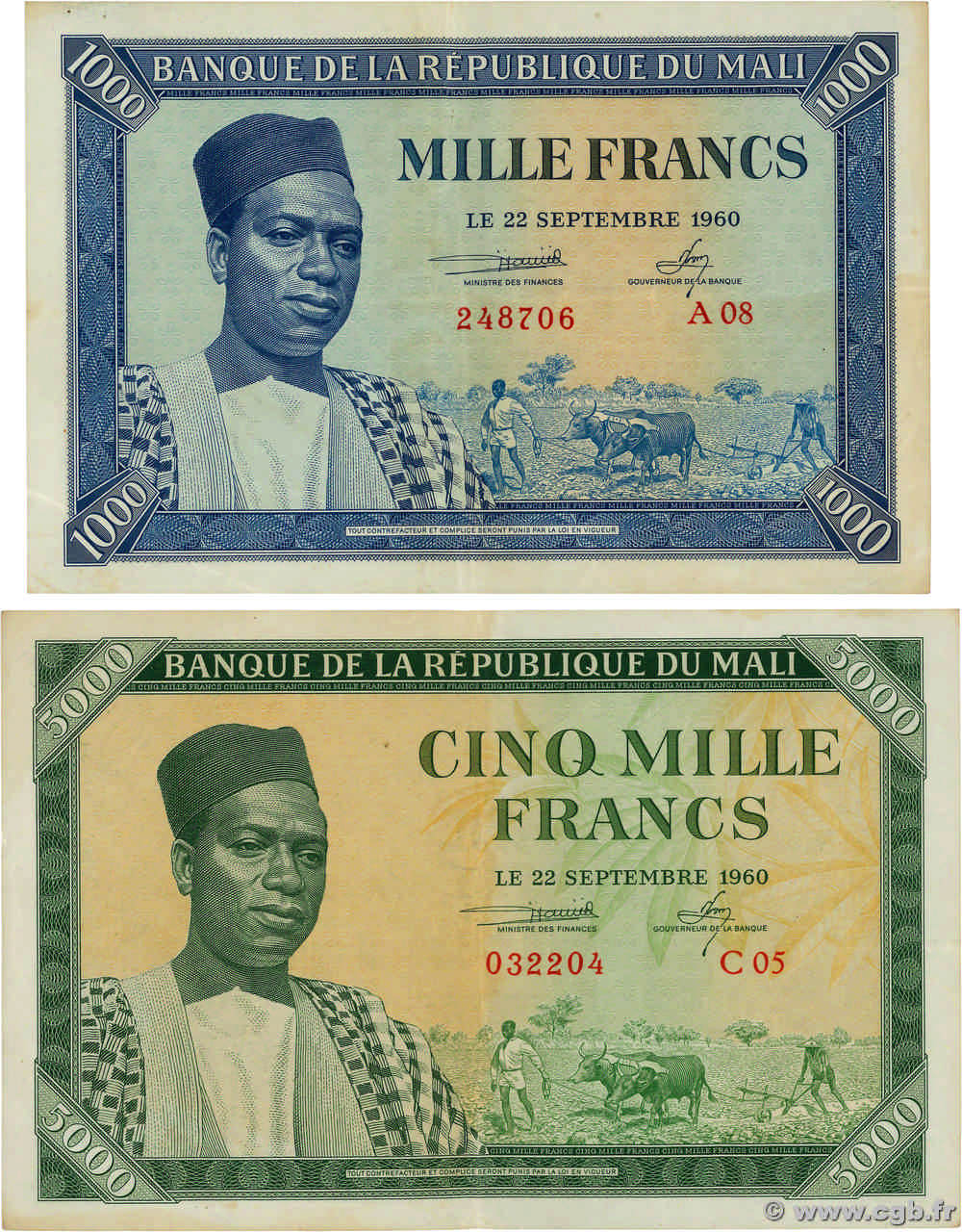 1000 et 5000 Francs Lot MALI  1960 P.04 et P.05 q.BB