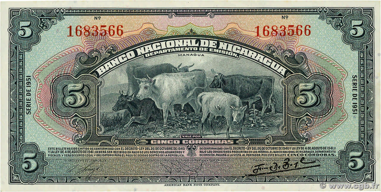 5 Cordobas NICARAGUA  1951 P.093c AU