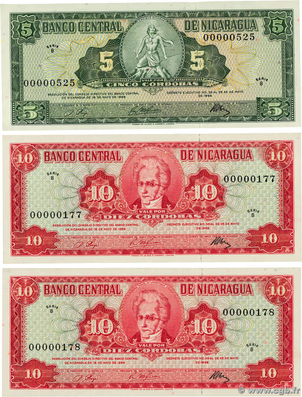 5 et 10 Cordobas Petit numéro NIKARAGUA  1968 P.116a et P.117a ST