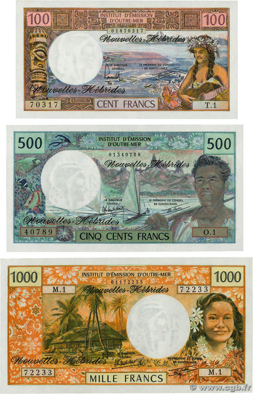 100, 500 et 1000 Francs Lot NEW HEBRIDES  1977 P.18d, P.19b et P.20c UNC