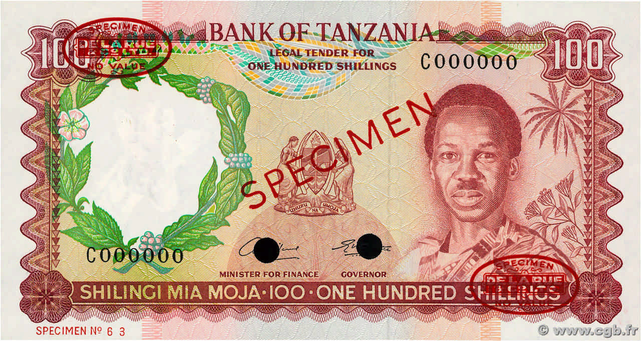 100 Shillings Spécimen TANSANIA  1966 P.04as ST