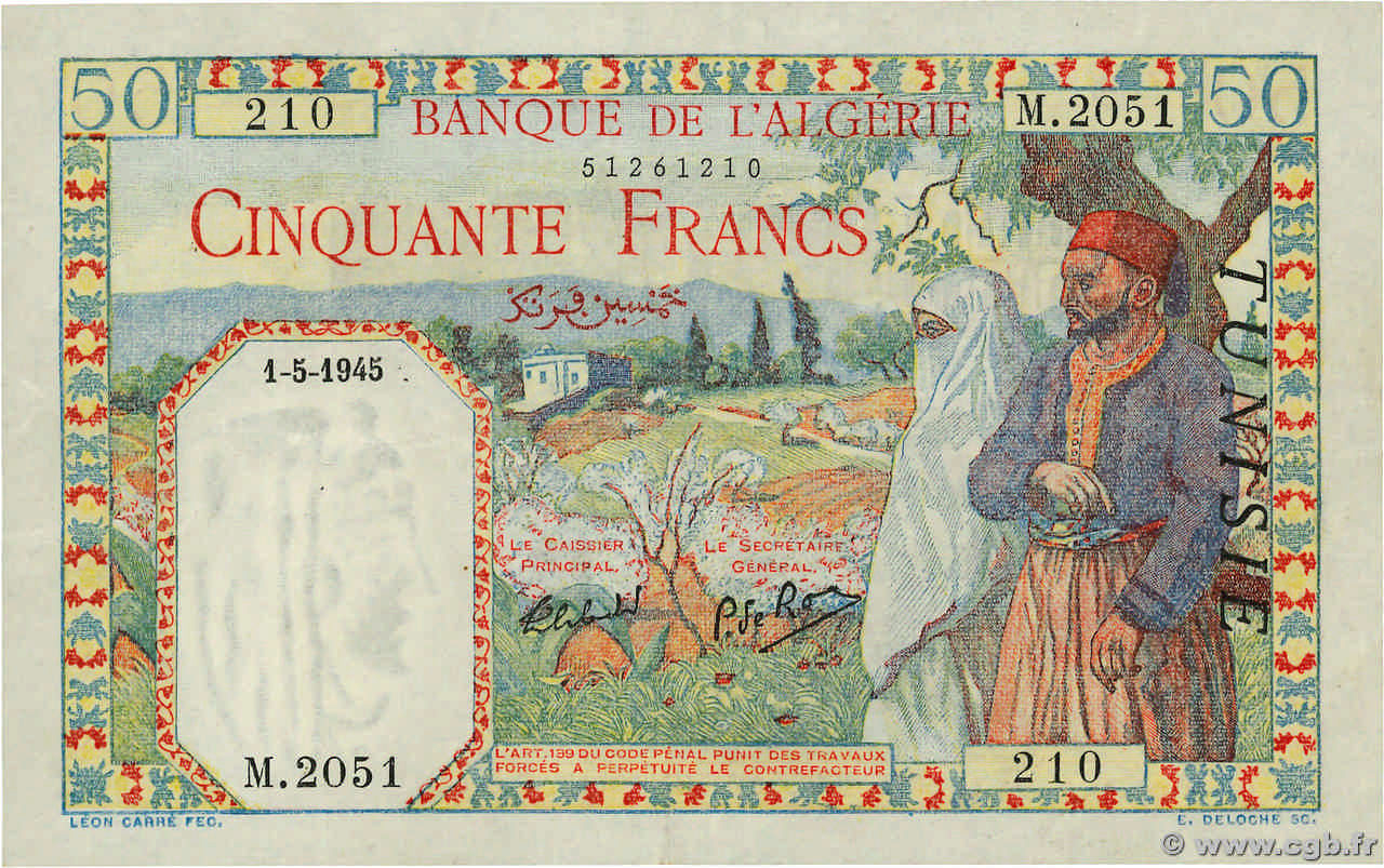 50 Francs TUNISIA  1945 P.12b XF