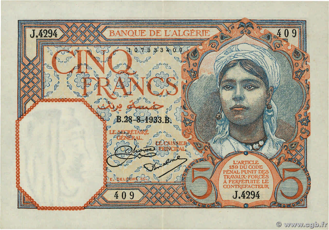 5 Francs ARGELIA  1933 P.077a EBC