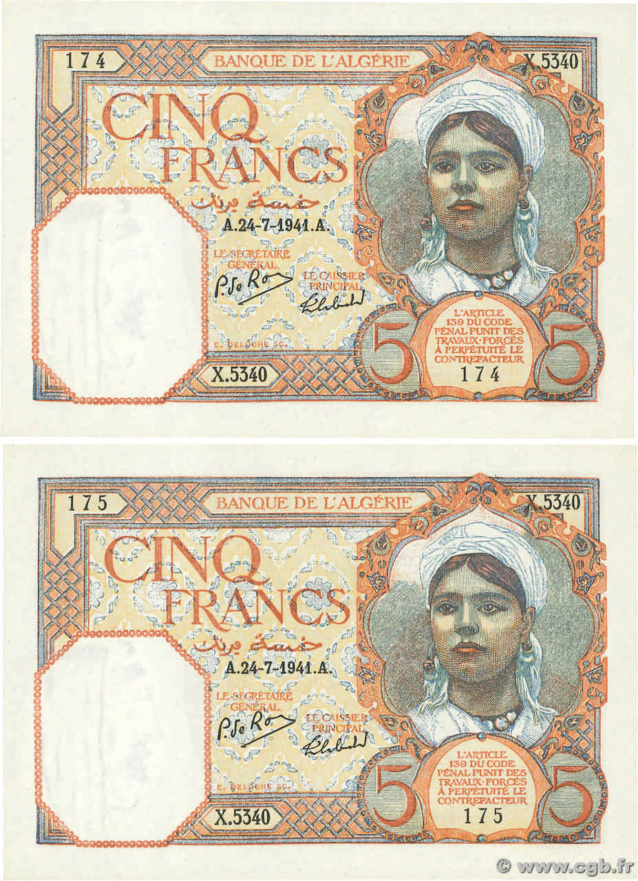 5 Francs Consécutifs ALGERIA  1941 P.077b q.AU