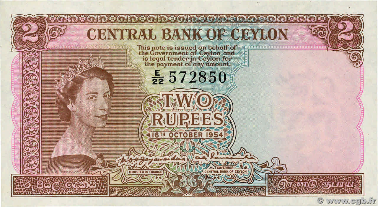 2 Rupees CEYLON  1954 P.050 UNC