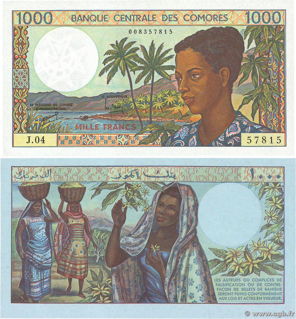 1000 Francs Lot COMOROS  1994 P.11b et P.11E UNC