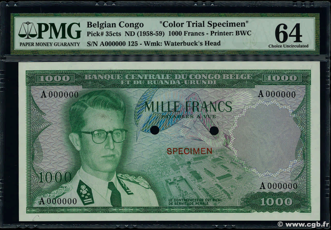 1000 Francs Essai BELGA CONGO  1958 P.35cts SC+