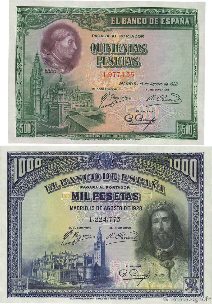 500 et 1000 Pesetas Lot SPAIN  1928 P.077a et P.078a AU