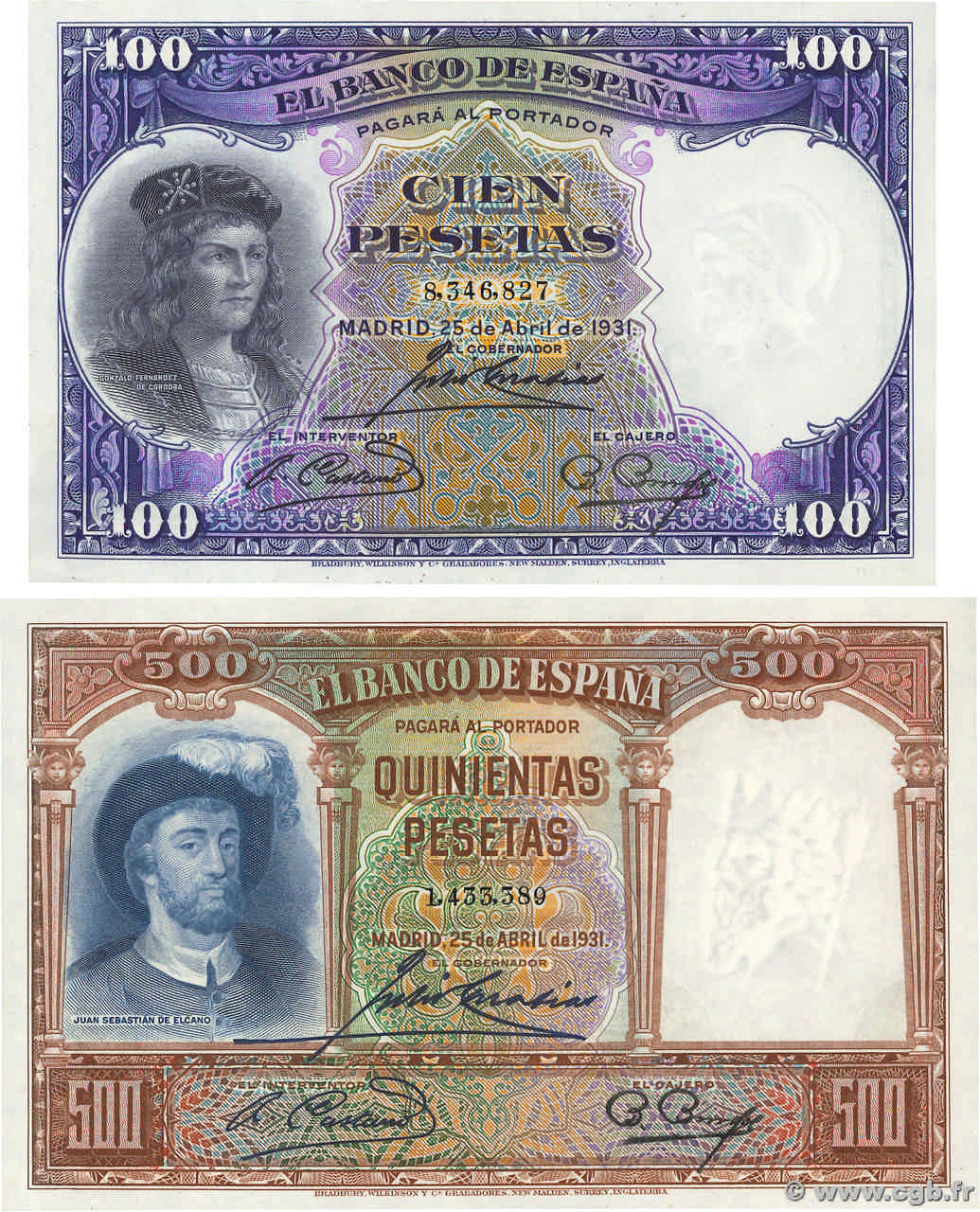 100 et 500 Pesetas Lot SPAIN  1931 P.083 et P.084 AU