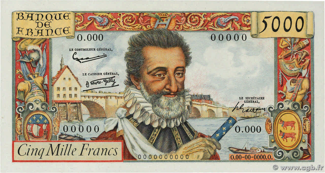 5000 Francs HENRI IV Épreuve FRANCE  1957 F.49.00Ed UNC