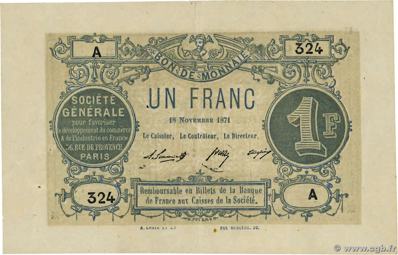 1 Franc Société Générale FRANCE regionalismo e varie Paris 1871 JER.75.02A SPL