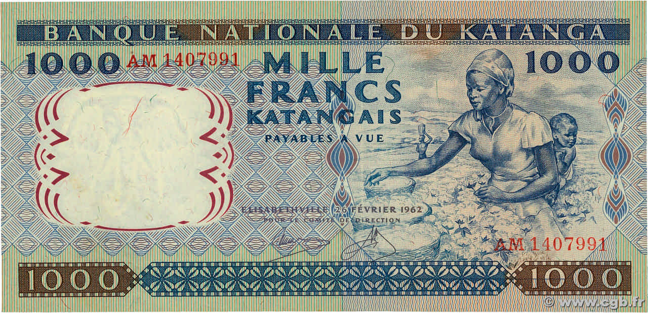 1000 Francs KATANGA  1962 P.14a q.FDC
