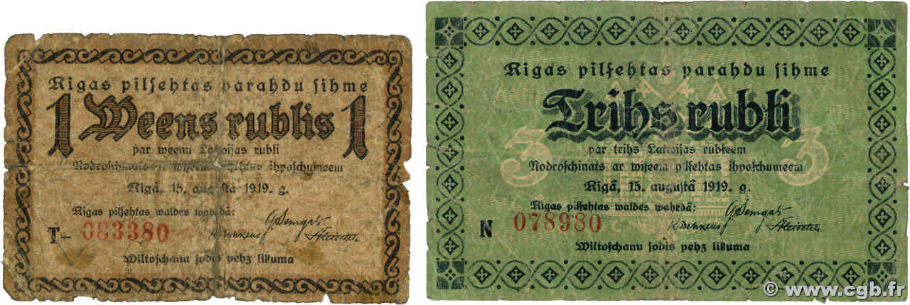 1 et 3 Roubles Lot LETTLAND Riga 1919 P.-- fS