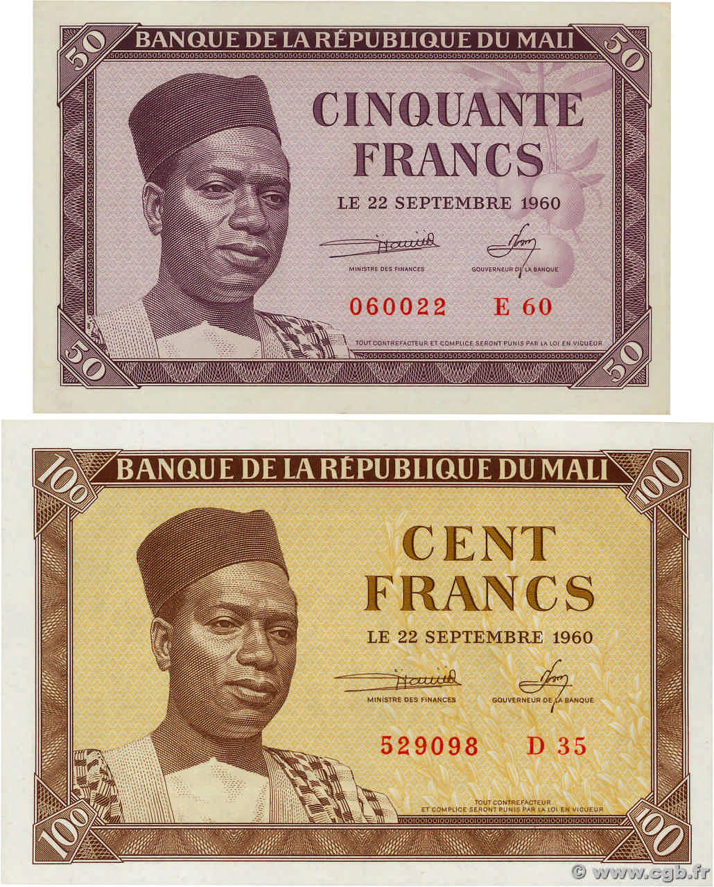 50 et 100 Francs Lot MALI  1960 P.01 et P.02 AU+
