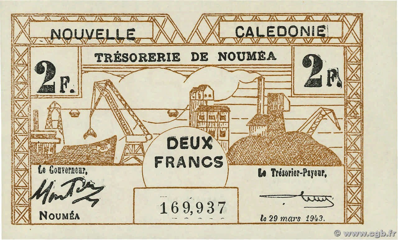 2 Francs NEW CALEDONIA  1943 P.56b UNC-