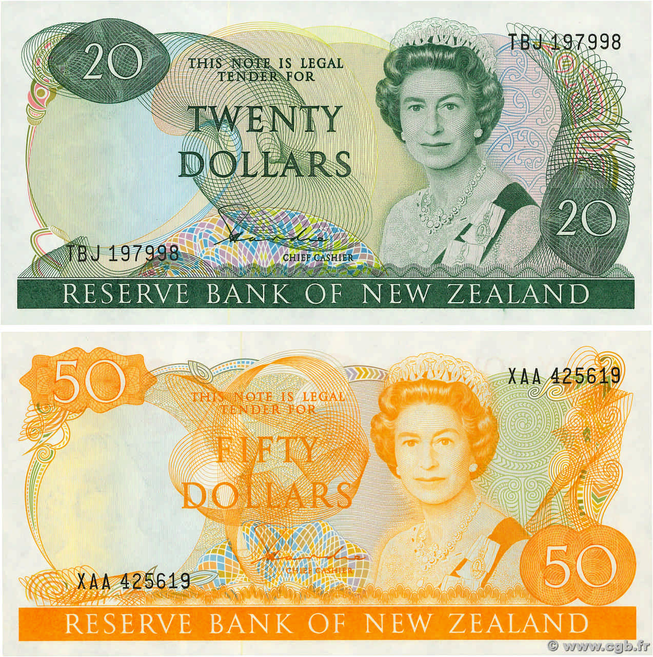 20 et 50 Dollars Lot NUOVA ZELANDA
  1985 P.173a et P.174a q.FDC
