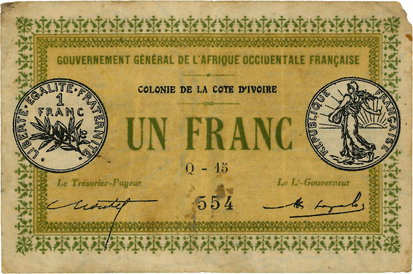 1 Franc COTE D IVOIRE  1917 P.02b TB