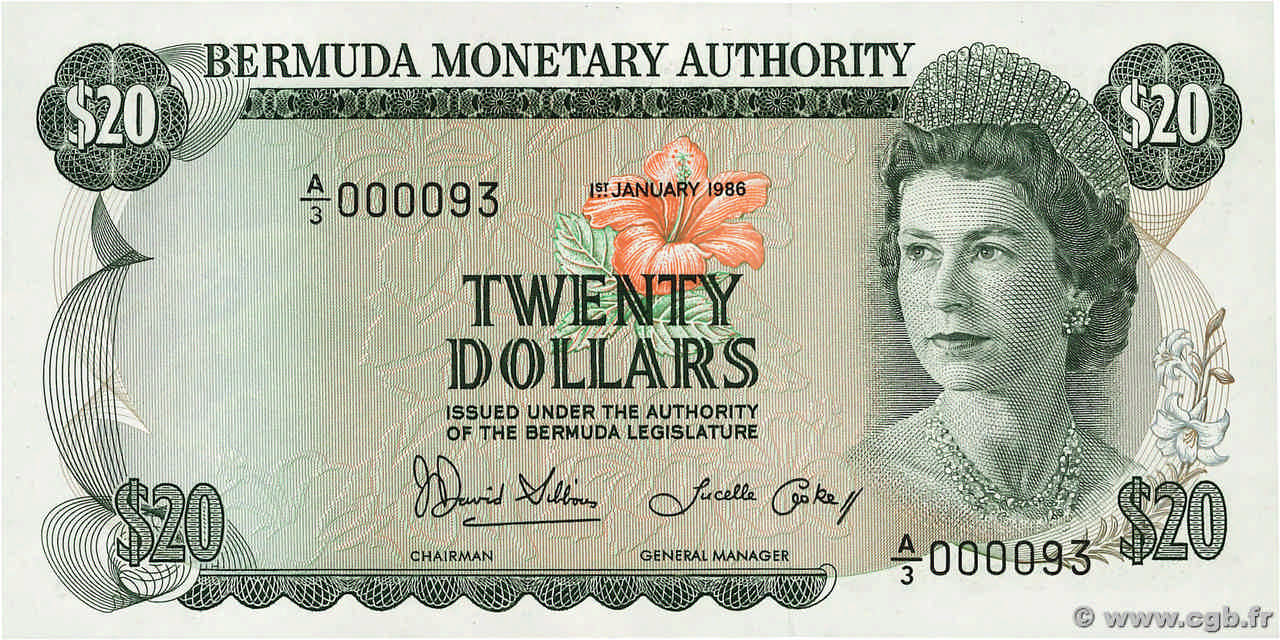 20 Dollars Petit numéro BERMUDA  1986 P.31d q.FDC