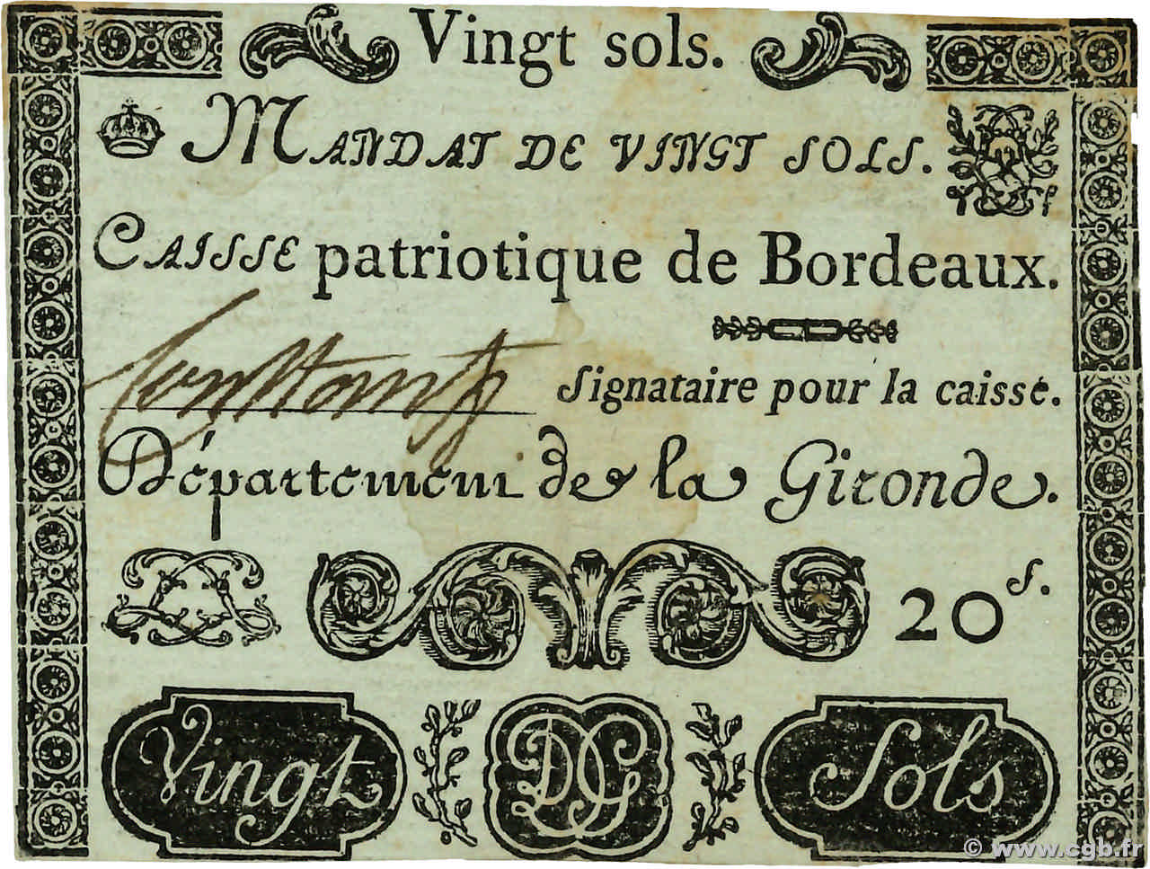 20 Sols FRANCE regionalism and miscellaneous Bordeaux 1791 Kc.33c VF