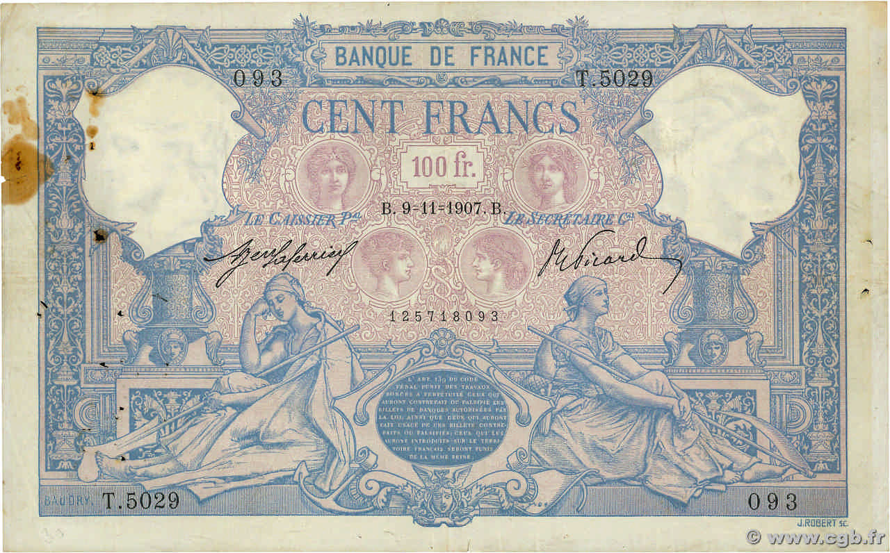 100 Francs BLEU ET ROSE FRANCE  1907 F.21.22 F