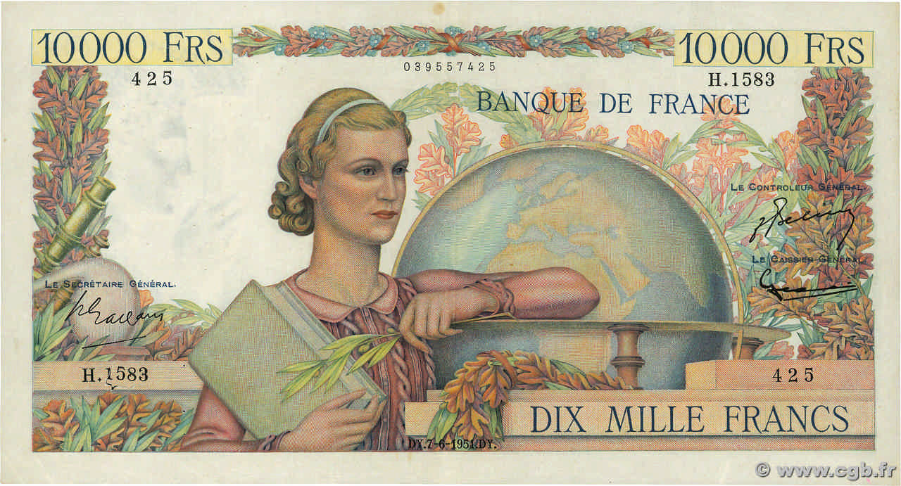 10000 Francs GÉNIE FRANÇAIS FRANCE  1951 F.50.51 XF-