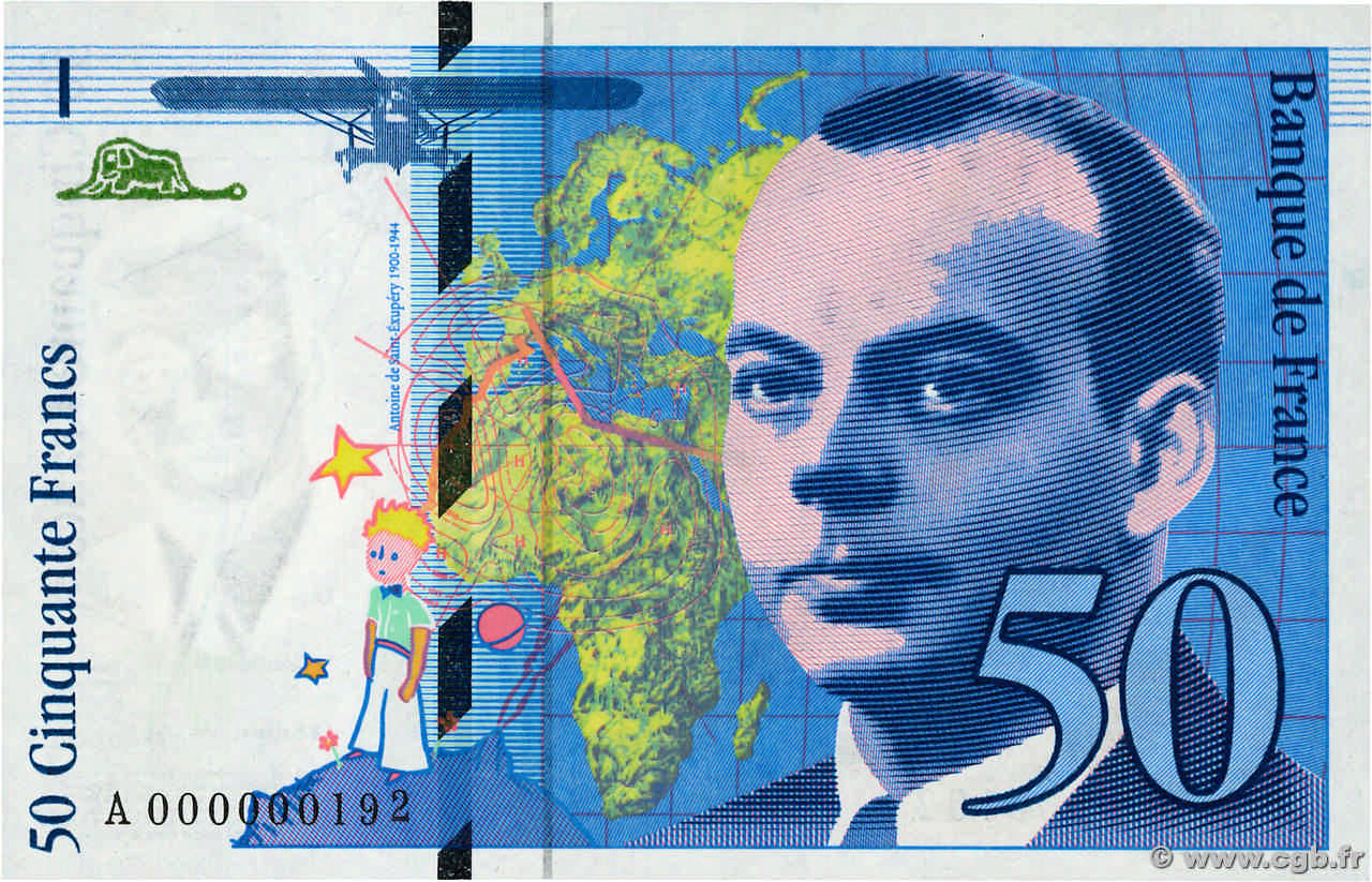 50 Francs SAINT-EXUPÉRY Petit numéro FRANCIA  1992 F.72.01aA1 FDC