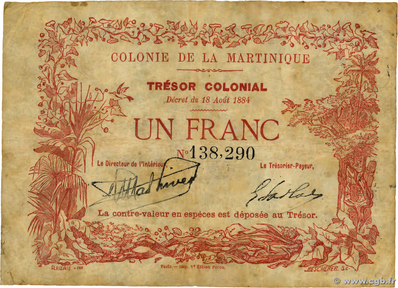 1 Franc MARTINIQUE  1884 P.02 F+
