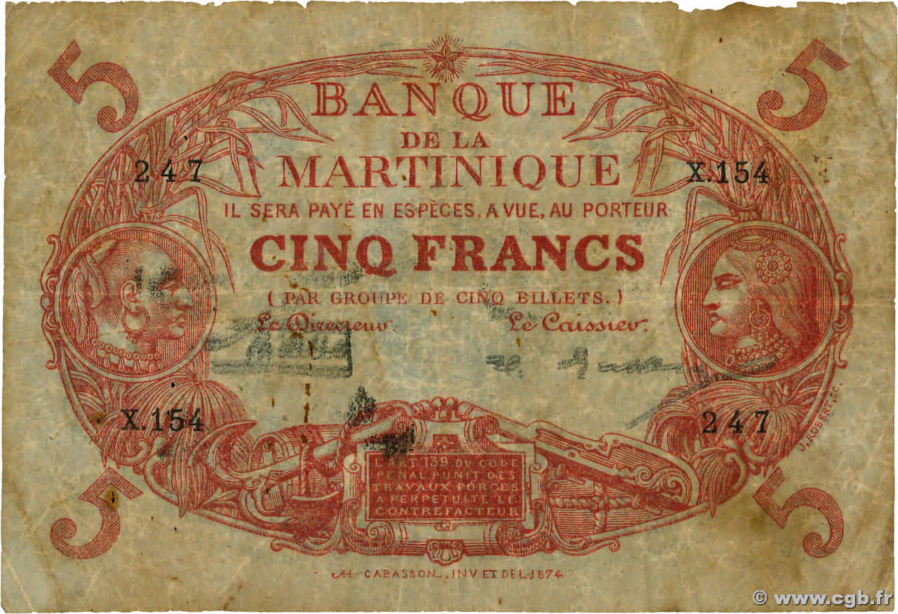 5 Francs Cabasson rouge MARTINIQUE  1929 P.06A SGE