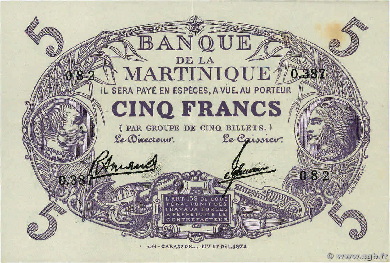 5 Francs Cabasson violet MARTINIQUE  1946 P.06 TTB+