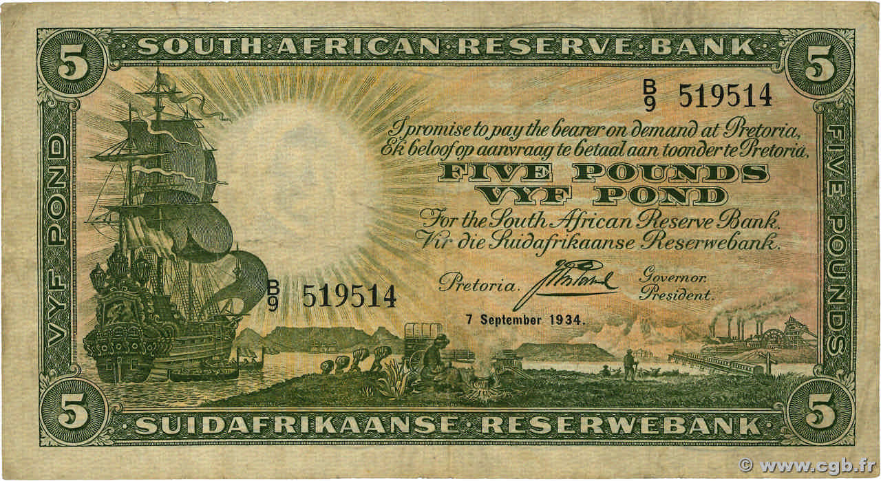 5 Pounds AFRIQUE DU SUD  1934 P.086b TB