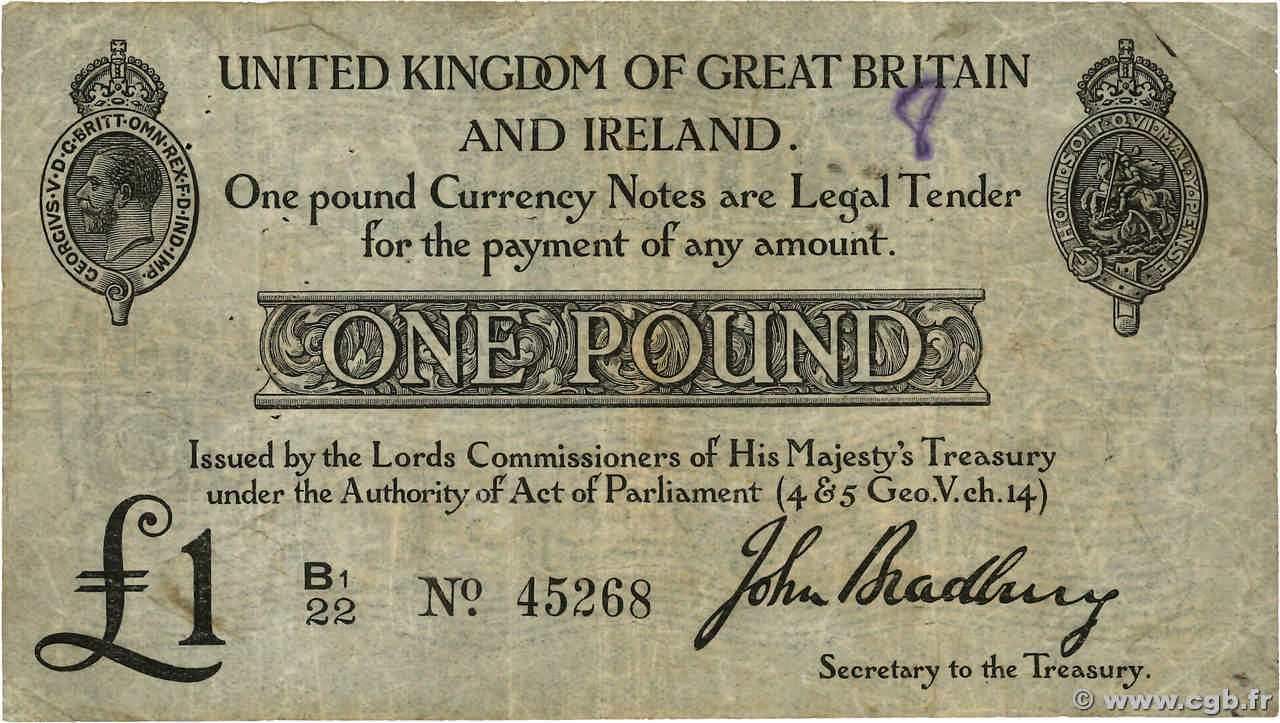 1 Pound ENGLAND  1914 P.349 fS