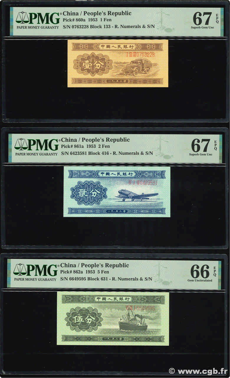 1, 2 et 5 Fen Lot CHINA  1953 P.0860a, P.0861a et P.0862a ST