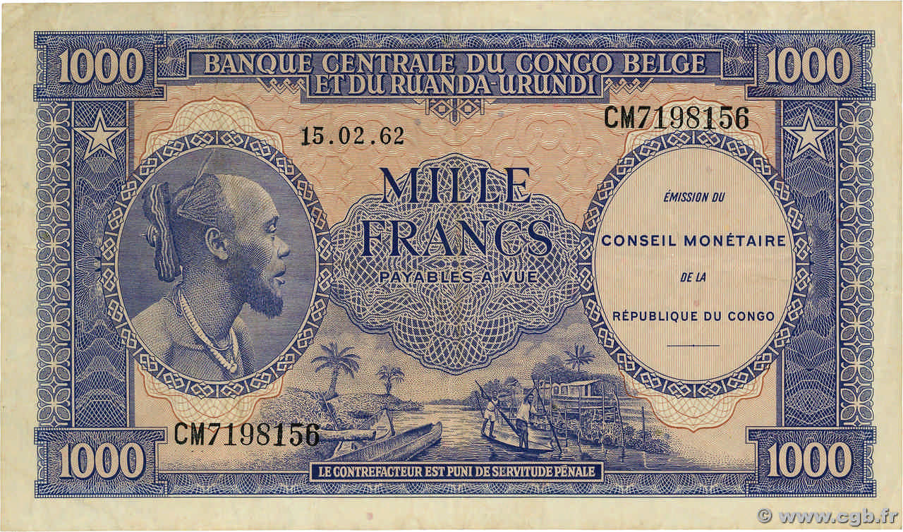 1000 Francs CONGO, DEMOCRATIQUE REPUBLIC  1962 P.002a VF+